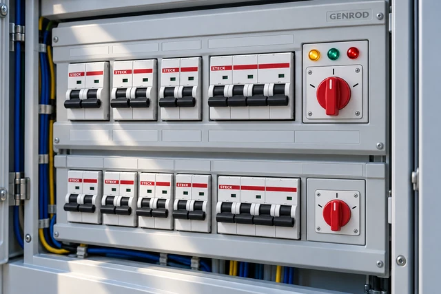 Tablero eléctrico ilustrativo con selectores rojos