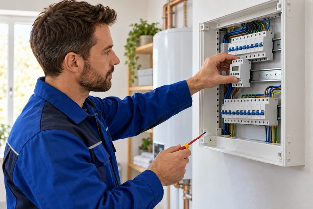 Ilustración fotográfica de un técnico instalando un timer modular
