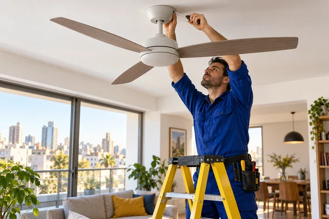 Ilustración fotográfica de instalación de un ventilador de techo